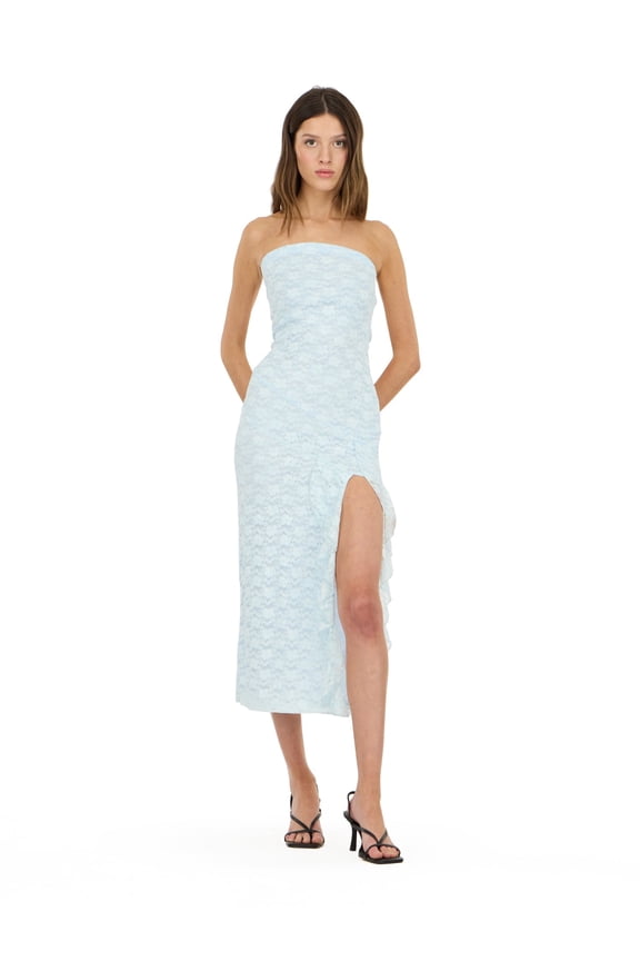 Women’s Strapless Lace Maxi Dress with Ruffle Side Slit, Fitted Bodice and Elegant Evening Silhouette for Parties and Special Occasions, XS-XL