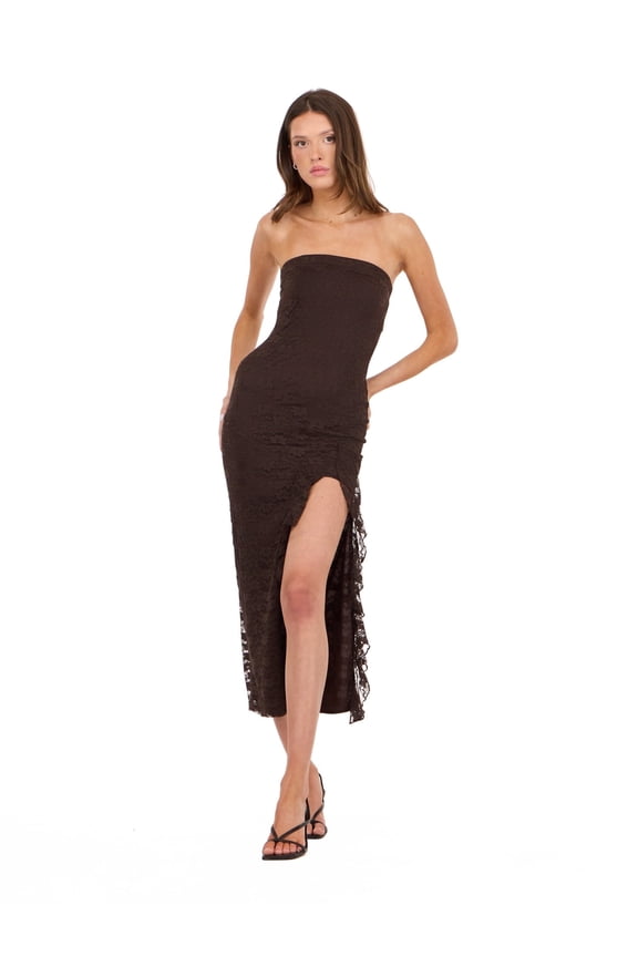 Women’s Strapless Lace Maxi Dress with Ruffle Side Slit, Fitted Bodice and Elegant Evening Silhouette for Parties and Special Occasions, XS-XL