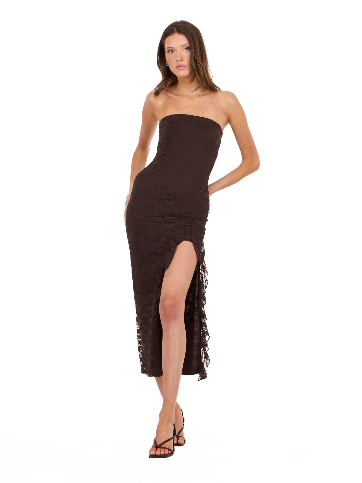 Forever 21 Women's Strapless Lace Maxi Dress with Ruffle Side Slit, Fitted  Bodice and Elegant Evening Silhouette for Parties and Special Occasions,  XS-XL - Walmart.com