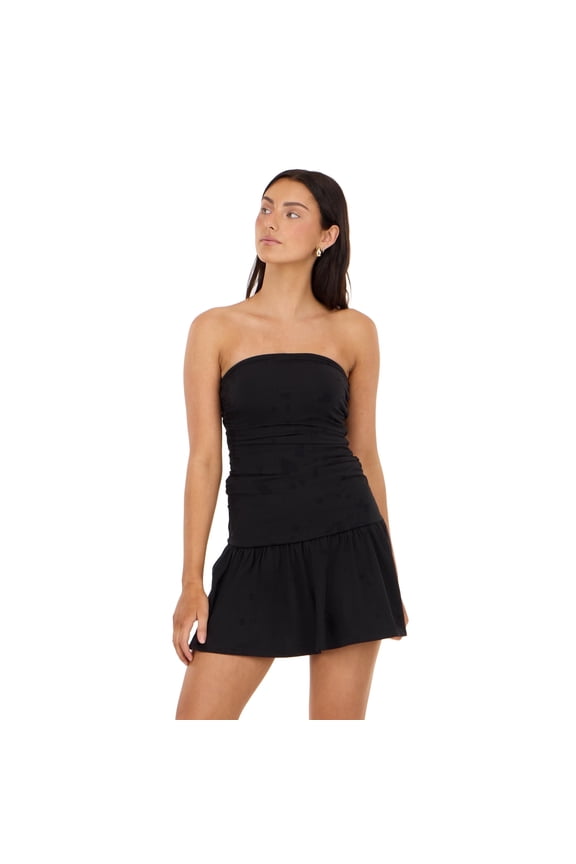 Women’s Strapless Mini Dress, Drop Waist Ruched Bodycon Silhouette with Flared Ruffle Hem for Parties and Going-Out Looks, XS-XL