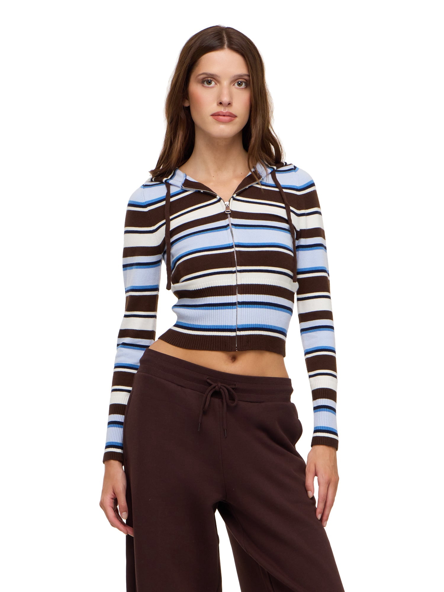 Forever 21 Women's Striped Zip Up Hooded Sweater, Long Sleeve Soft Knit Hoodie, Casual Everyday Streetwear Style Top, Brown, XXS-XXL