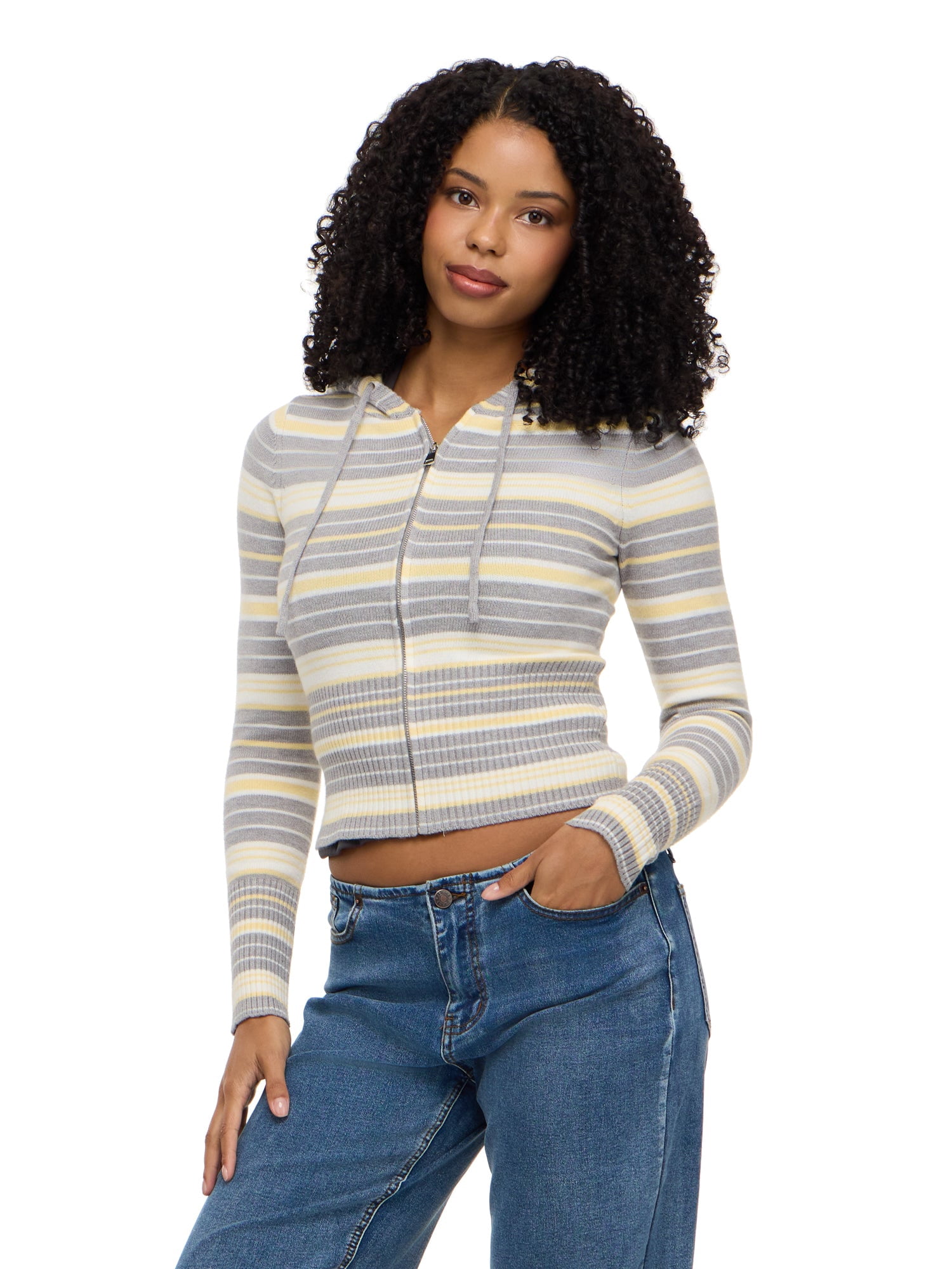 Forever 21 Women's Striped Zip Up Hooded Sweater, Long Sleeve Soft Knit Hoodie, Casual Everyday Streetwear Style Top, Grey, XXS-XXL
