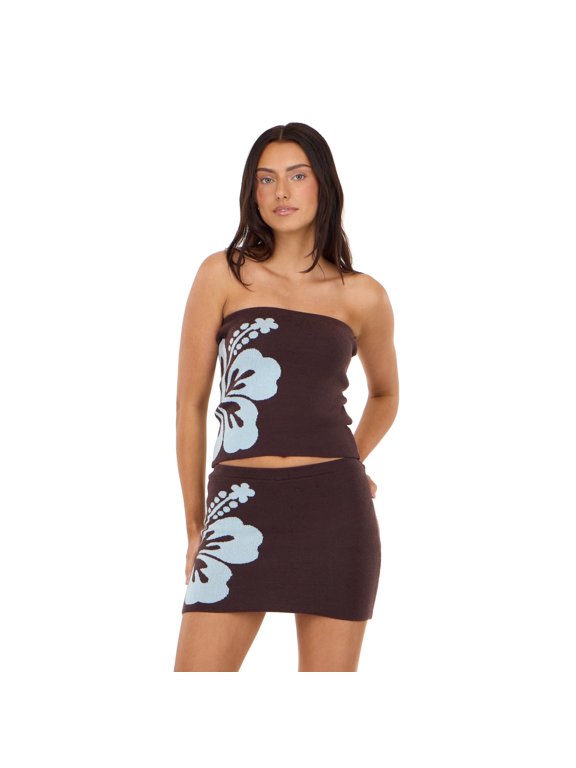 Women’s Sweater Knit Tube Top and Skort 2-Piece Set, Large Hibiscus Flower Print Matching Mini Outfit for Summer Styling, XS-XL
