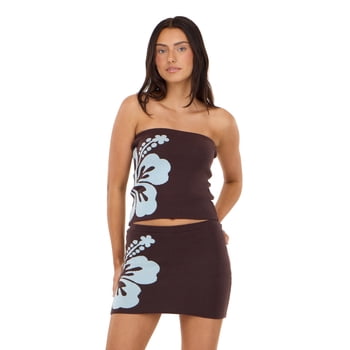 Forever 21 Women’s Sweater Knit Tube Top and Skort 2-Piece Set, Large Hibiscus Flower Print Matching Mini Outfit for Summer Styling, XS-XL