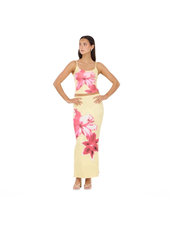 Women’s Tank Top and Maxi Skirt 2-Piece Set, Floral Print Matching Outfit with Sleeveless Crop Tank and Long Skirt, XS-XL