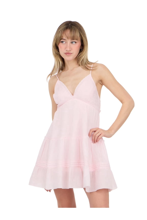 Women’s Tiered Mini Dress with Embroidered Bust, Adjustable Spaghetti Straps and Flowy Casual Silhouette for Day or Night Wear, Pink, Medium