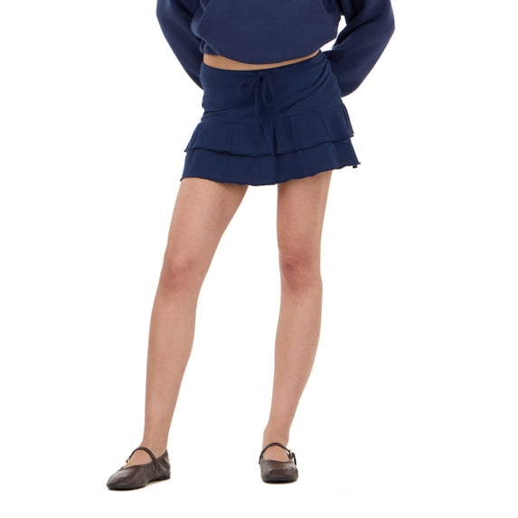 Forever 21 Women's Tiered Skort with Built-In Shorts and Drawstring Waist, Ruffle Mini Skirt Shorts Combo, Soft Knit Casual Lounge and Active Style, Navy, XXS-XXL