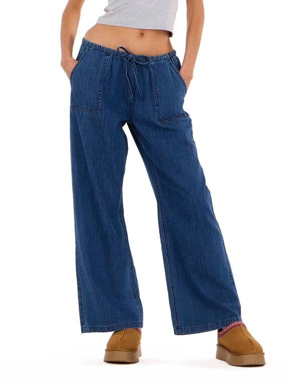 Women’s Wide Leg Lightweight Denim Pants with Adjustable Drawstring Waist, Side Pockets and Relaxed Casual Fit for Everyday Wear, XS-XL