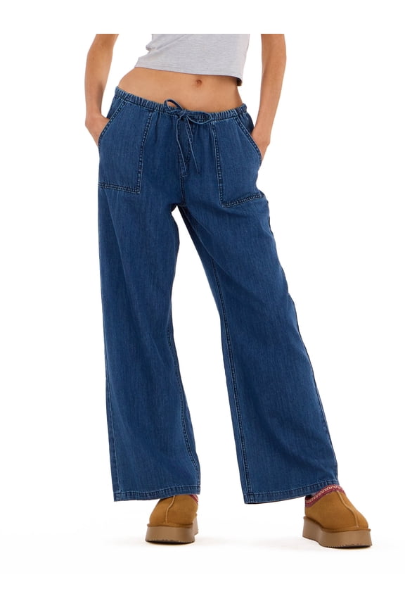 Women’s Wide Leg Lightweight Denim Pants with Adjustable Drawstring Waist, Side Pockets and Relaxed Casual Fit for Everyday Wear, XS-XL