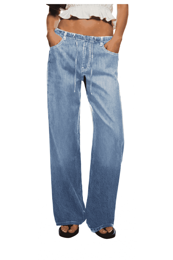 Women’s Wide Leg Lightweight Denim Pants with Adjustable Drawstring Waist, Side Pockets and Relaxed Casual Fit for Everyday Wear, XS-XL
