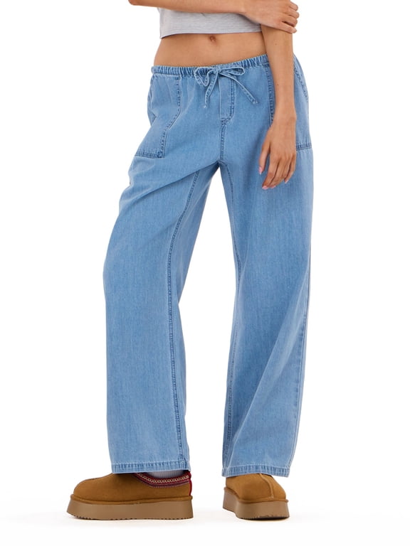 Women’s Wide Leg Lightweight Denim Pants with Adjustable Drawstring Waist, Side Pockets and Relaxed Casual Fit for Everyday Wear, XS-XL