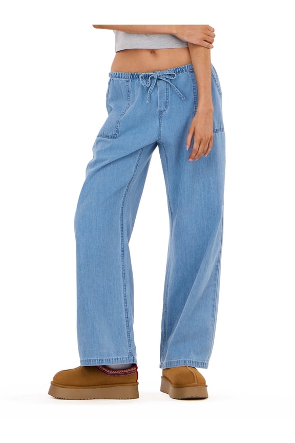 Women’s Wide Leg Lightweight Denim Pants with Adjustable Drawstring Waist, Side Pockets and Relaxed Casual Fit for Everyday Wear, XS-XL