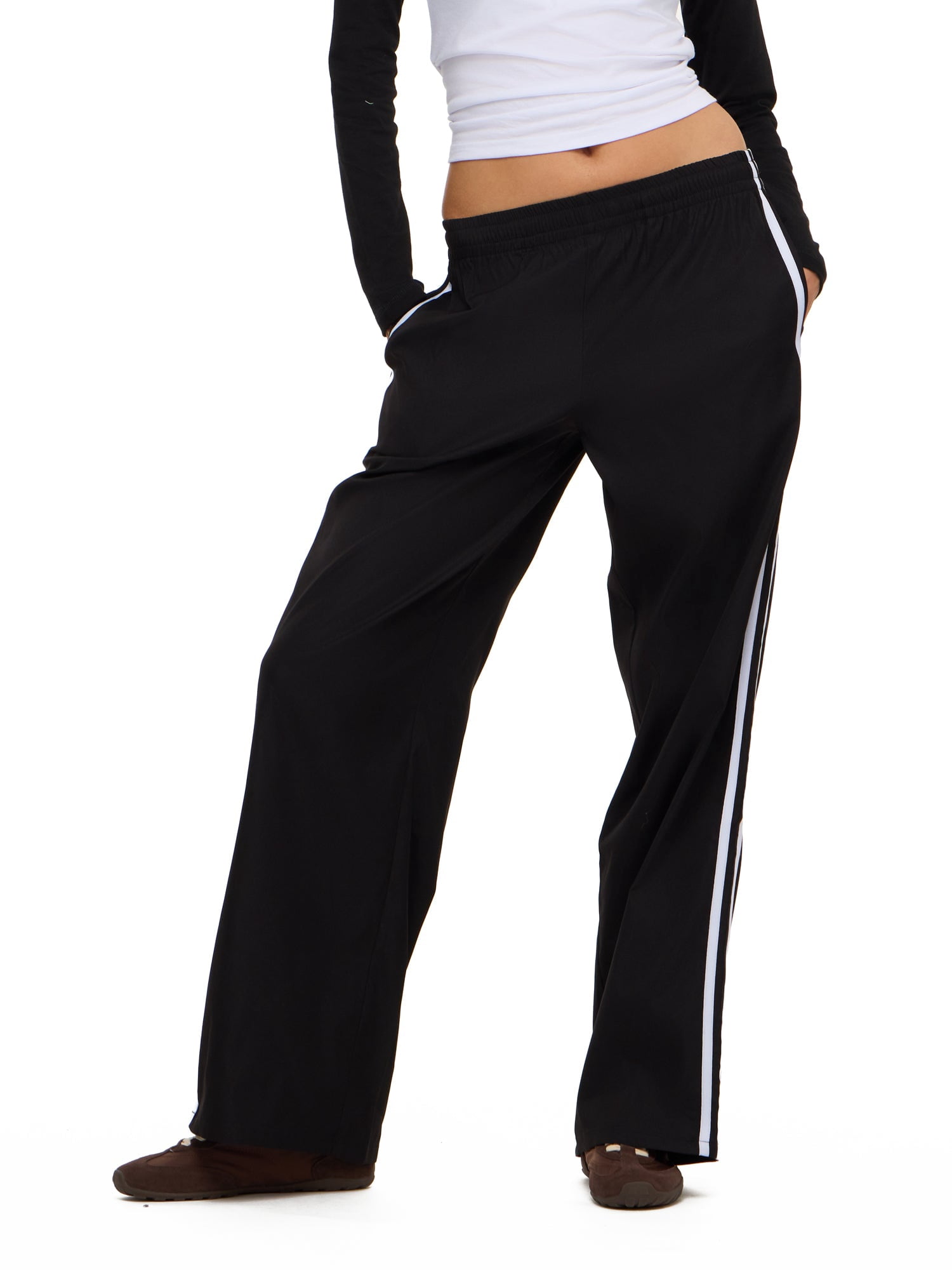 Forever 21 Women's Wide Leg Track Pants with Side Stripes, 100% Polyester Casual Athletic Lounge Pants, Black, XXS-XXL