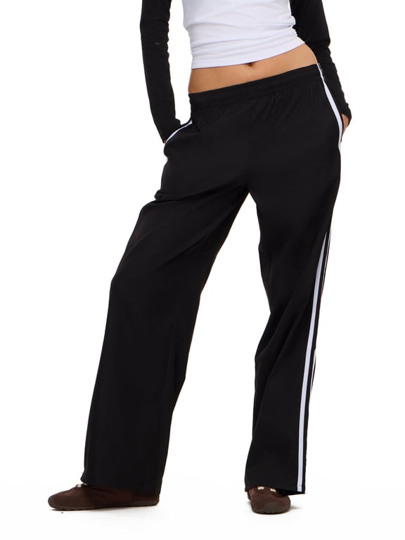 Women's Wide Leg Track Pants with Side Stripes, 100% Polyester Casual Athletic Lounge Pants, Black, XXS-XXL