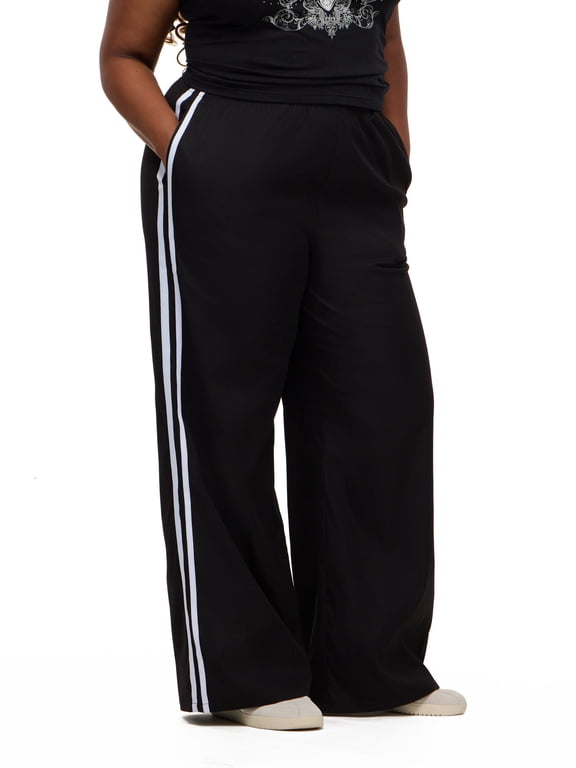 Women's Wide Leg Track Pants with Side Stripes, 100% Polyester Casual Athletic Lounge Pants, Black, XXS-4X