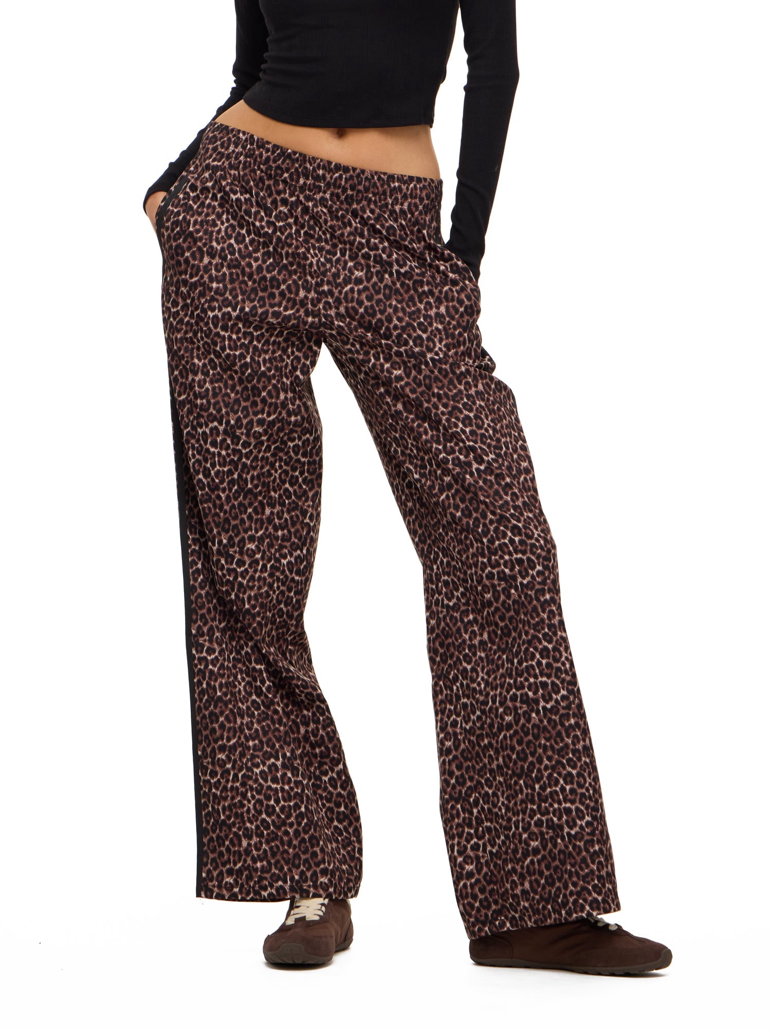 Forever 21 Women's Wide Leg Track Pants with Side Stripes, 100% Polyester Casual Athletic Lounge Pants, Leopard, XXS-XXL