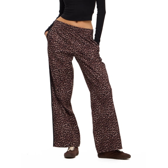 Forever 21 Women's Wide Leg Track Pants with Side Stripes, 100% Polyester Casual Athletic Lounge Pants, Leopard, XXS-XXL