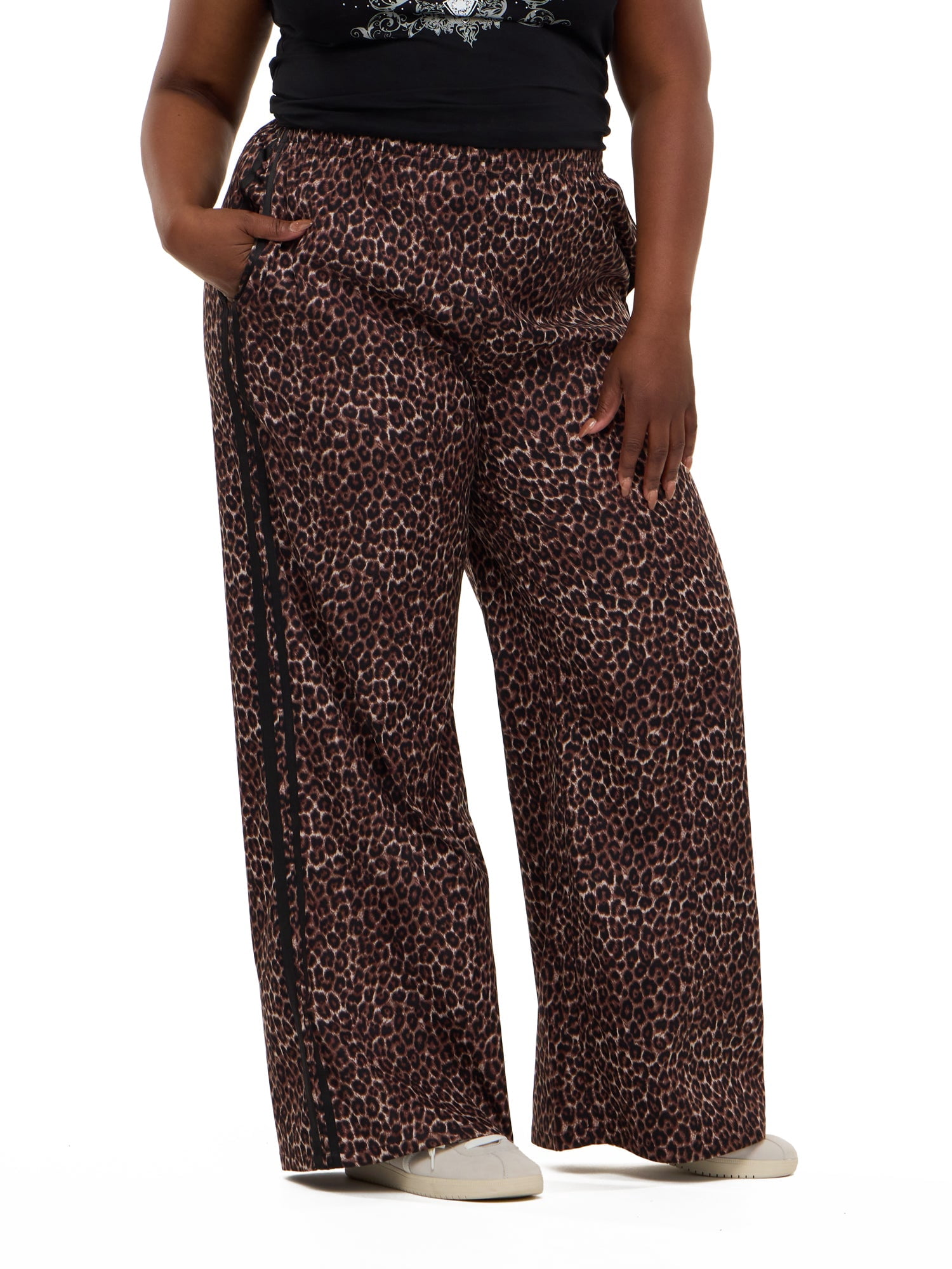 Forever 21 Women's Wide Leg Track Pants with Side Stripes, 100% Polyester Casual Athletic Lounge Pants, Leopard, XXS-4X