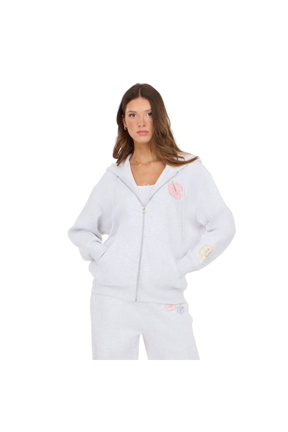 Women’s Zip Up Hoodie with Floral Patches, Relaxed Fit Hooded Sweatshirt with Front Pockets for Casual Everyday Layering, XS-XL