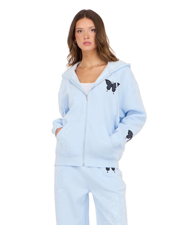 Women’s Zip Up Hoodie with Floral Patches, Relaxed Fit Hooded Sweatshirt with Front Pockets for Casual Everyday Layering, XS-XL