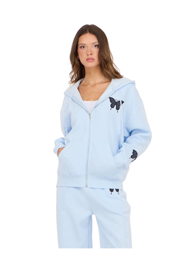 Women’s Zip Up Hoodie with Floral Patches, Relaxed Fit Hooded Sweatshirt with Front Pockets for Casual Everyday Layering, Blue, X-Large