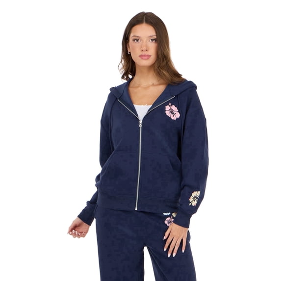 Forever 21 Women’s Zip Up Hoodie with Floral Patches, Relaxed Fit Hooded Sweatshirt with Front Pockets for Casual Everyday Layering, XS-XL