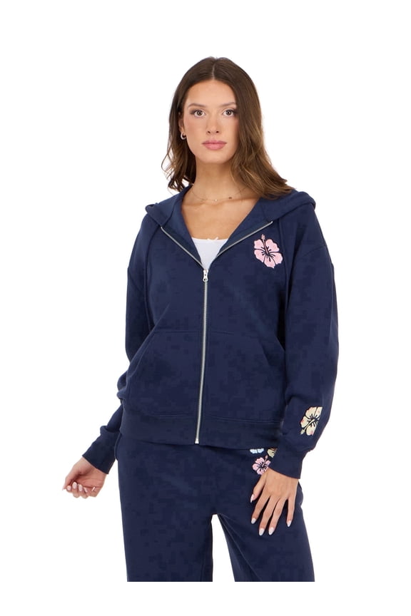 Women’s Zip Up Hoodie with Floral Patches, Relaxed Fit Hooded Sweatshirt with Front Pockets for Casual Everyday Layering, XS-XL