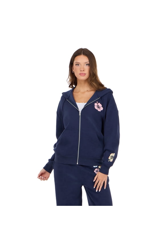 Women’s Zip Up Hoodie with Floral Patches, Relaxed Fit Hooded Sweatshirt with Front Pockets for Casual Everyday Layering, XS-XL