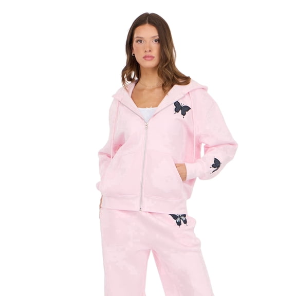 Forever 21 Women’s Zip Up Hoodie with Floral Patches, Relaxed Fit Hooded Sweatshirt with Front Pockets for Casual Everyday Layering, Pink, X-Small