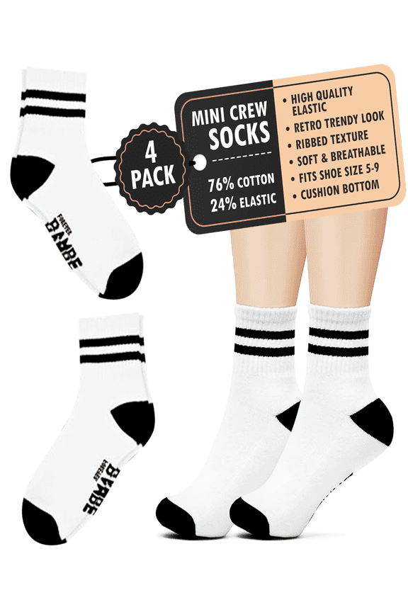 Retro Mini Crew Socks, Soft Terrycloth Cushioned Bottom, White Striped 4-Pack
