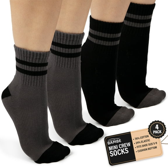 Forever Bambe Retro Mini Crew Socks for Women, Soft Terrycloth Cushioned Bottom Striped Socks, Athletic Quarter Calf Gym Socks (4-Pack) Charcoal/Black