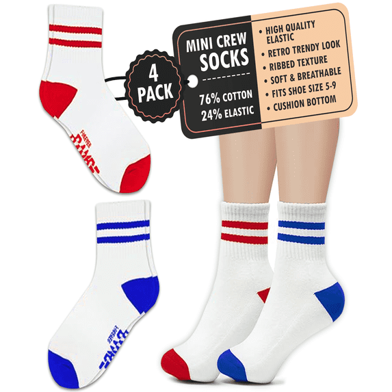Forever Bambe Retro Mini Crew Socks for Women, Medium Cushioned Bottom Striped Sock, (4-Pack)