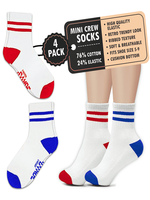 Retro Mini Crew Socks for Women, Medium Cushioned Bottom Striped Sock, (4-Pack)