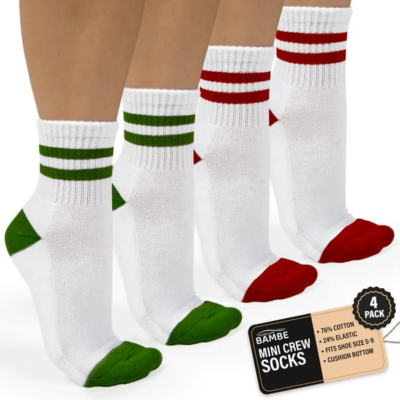 Forever Bambe Retro Mini Crew Socks for Women, Soft Terrycloth Cushioned Bottom Striped Socks, Athletic Quarter Calf Gym Socks (4-Pack) White Ankle Socks With Red And Green