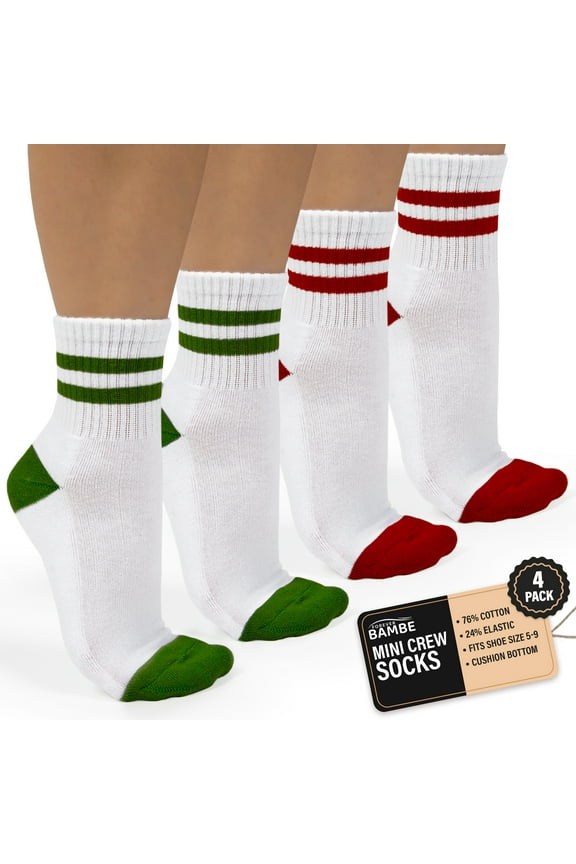 Retro Mini Crew Socks for Women, Soft Terrycloth Cushioned Bottom Striped Socks, Athletic Quarter Calf Gym Socks (4-Pack) White Ankle Socks With Red And Green