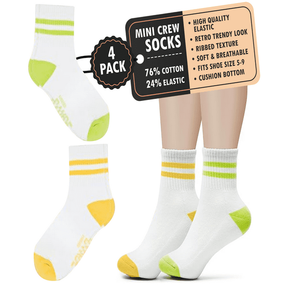Forever Bambe Retro Mini Crew Socks for Women, Soft Terrycloth Cushioned Bottom Striped Socks, Athletic Quarter Calf Gym Socks (4-Pack) White Ankle Socks With Yellow/Green Stripe