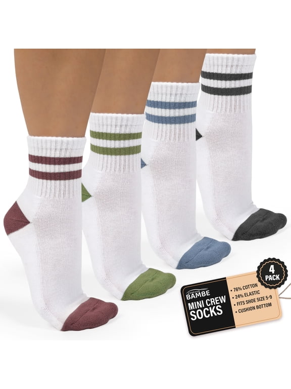 Retro Mini Crew Socks for Women, Soft Terrycloth Cushioned Bottom Striped Socks, Athletic Quarter Calf Gym Socks (4-Pack) Dusty Blue/Rose/Charcoal