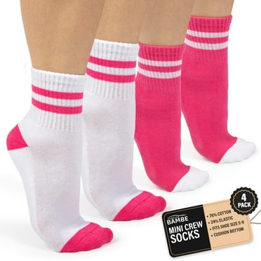 Forever Bambe Retro Mini Crew Socks for Women, Soft Terrycloth Cushioned Bottom Striped Socks, Athletic Quarter Calf Gym Socks (4-Pack) Pink