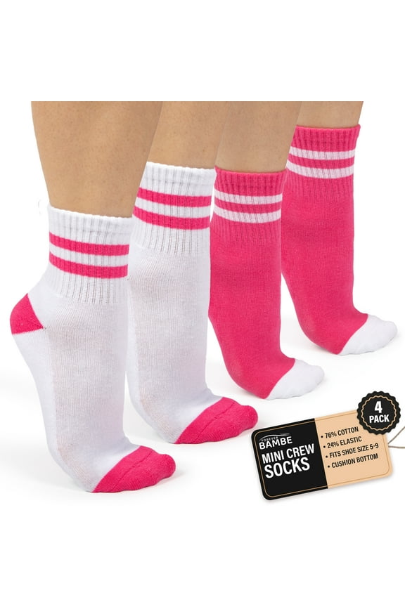 Retro Mini Crew Socks for Women, Soft Terrycloth Cushioned Bottom Striped Socks, Athletic Quarter Calf Gym Socks (4-Pack) Pink