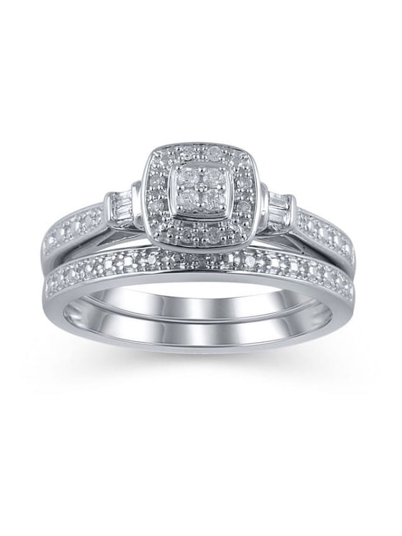 1/10 Ct Natural Diamond Cushion Cut Bridal Set Women's Ring, Sterling Silve