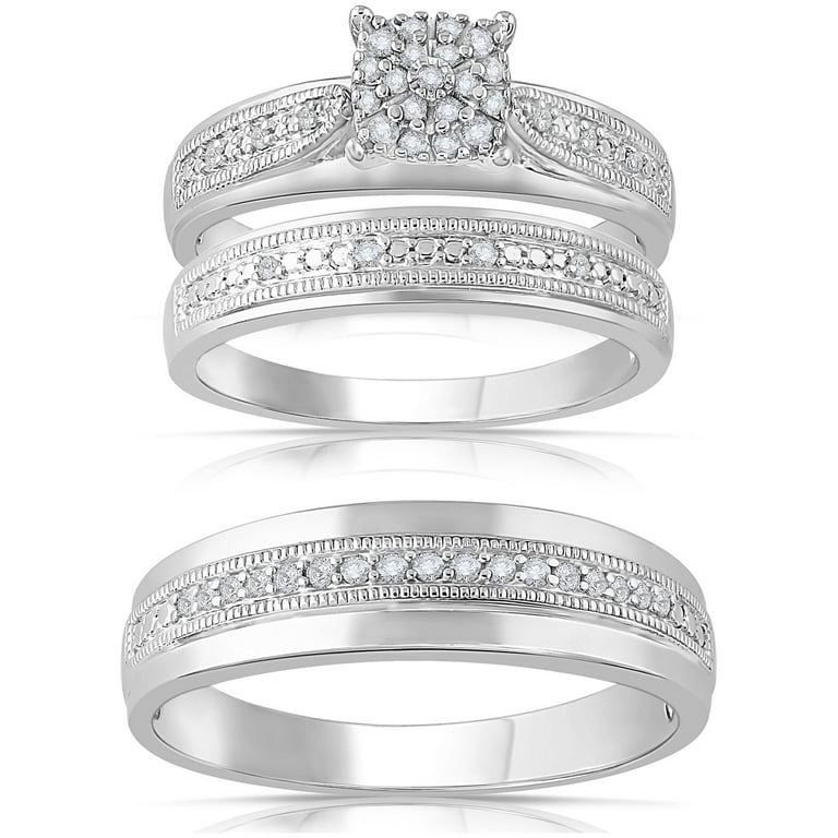 Forever Bride 1/4Ct Diamond Engagement Ring Trio Set, Sterling