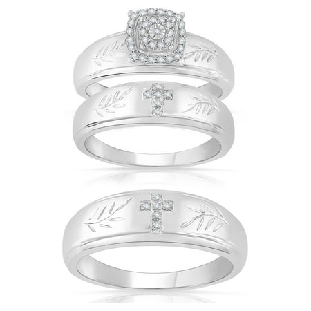 Forever Bride 1/6 Ct.T.W. Diamond Engagement Ring Trio Set, Sterling Silver