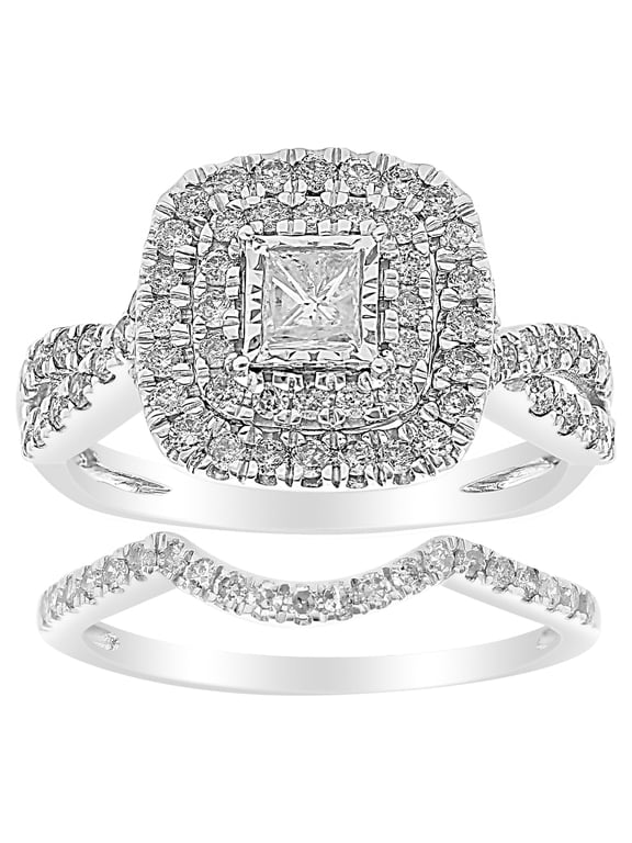 10K White Gold 1 CTTW Diamond Cushion Halo Twist Bridal Set Women, Adults