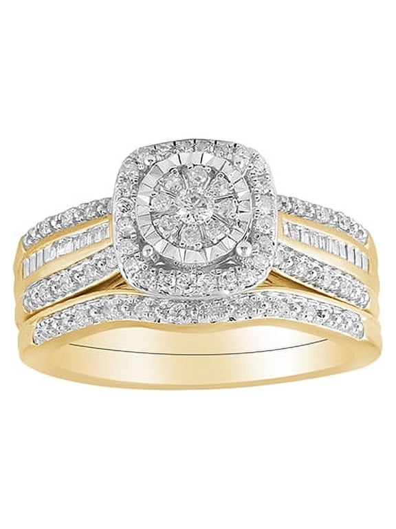 10K Yellow Gold 1/3 CTTW Diamond Cushion Bridal Ring Set, Women, Adults