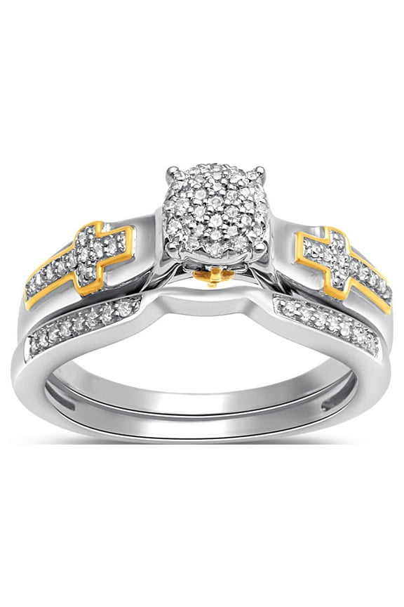 18K Gold Plated Sterling Silver Round Cut and Cross 1/5 Carat Religious Bridal Set