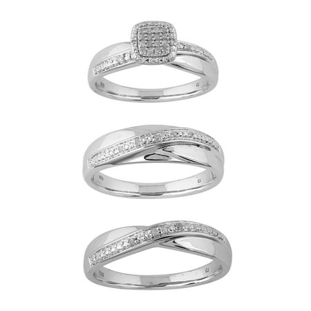 Forever Bride Round Diamond Sterling Silver Engagement Ring Trio Set (1/10 ct tw, J-K color, I2-I3 Clarity).
