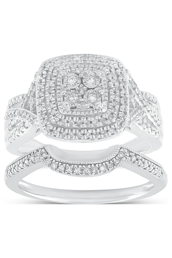 Sterling Silver 1/3 CTTW Diamond Cushion Bridal Ring Set, Women, Adults