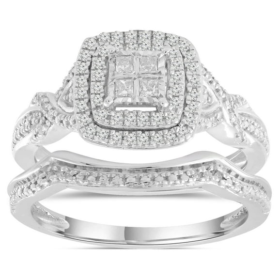 Forever Bride Sterling Silver 1/4 CTTW Diamond QUAD Bridal Set, White, Women, Engagement