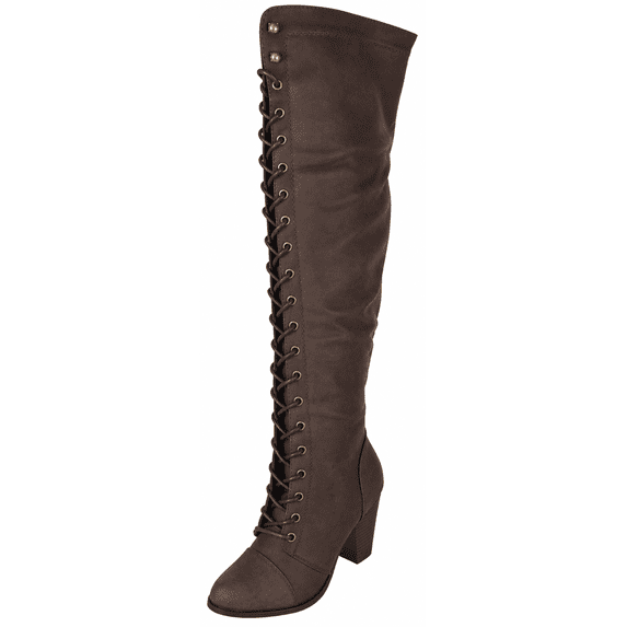 Forever Camila-48 Women's Lace Up Over The Knee Boots Stacked Block High Heel Side Zipper Thigh High Boots Brown 6