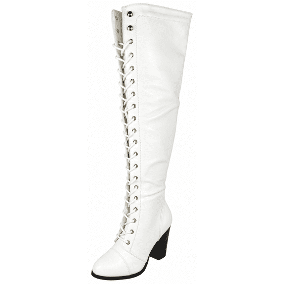 Forever Camila-48 Women's Lace Up Over The Knee Boots Stacked Block High Heel Side Zipper Thigh High Boots White 7.5